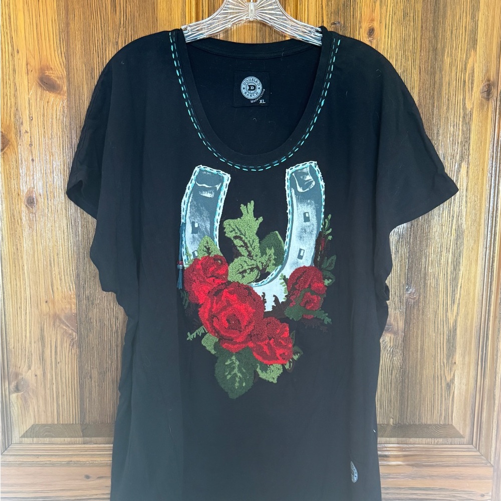 Double D Ranch Black Top with Red and Green Floral Design XL